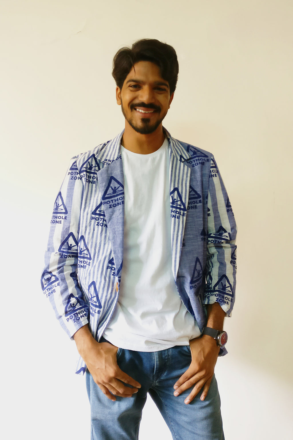 Wear your love for Bombay Meri Jaan. This time we talked about potholes. Men's Blazer Jacket with our original print on very cool handloom stripe cotton fabric. Shop online and survive the crazy Mumbai monsoon!
