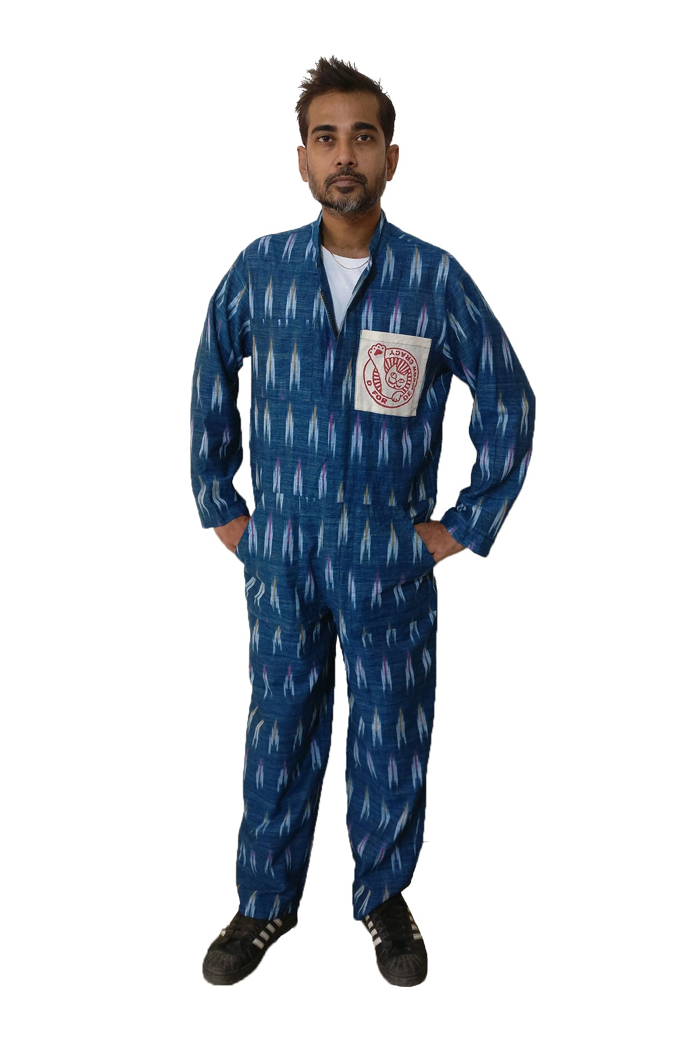 Classic boiler suit (coverall) for daily wear with an Indian traditional fabric, blue handloom cotton Ikat, for all the bodies (unisex) and body types! The oversized silhouette gives cool vibes. If you love jumpsuits, definitely try this! Shop online. - Man model
