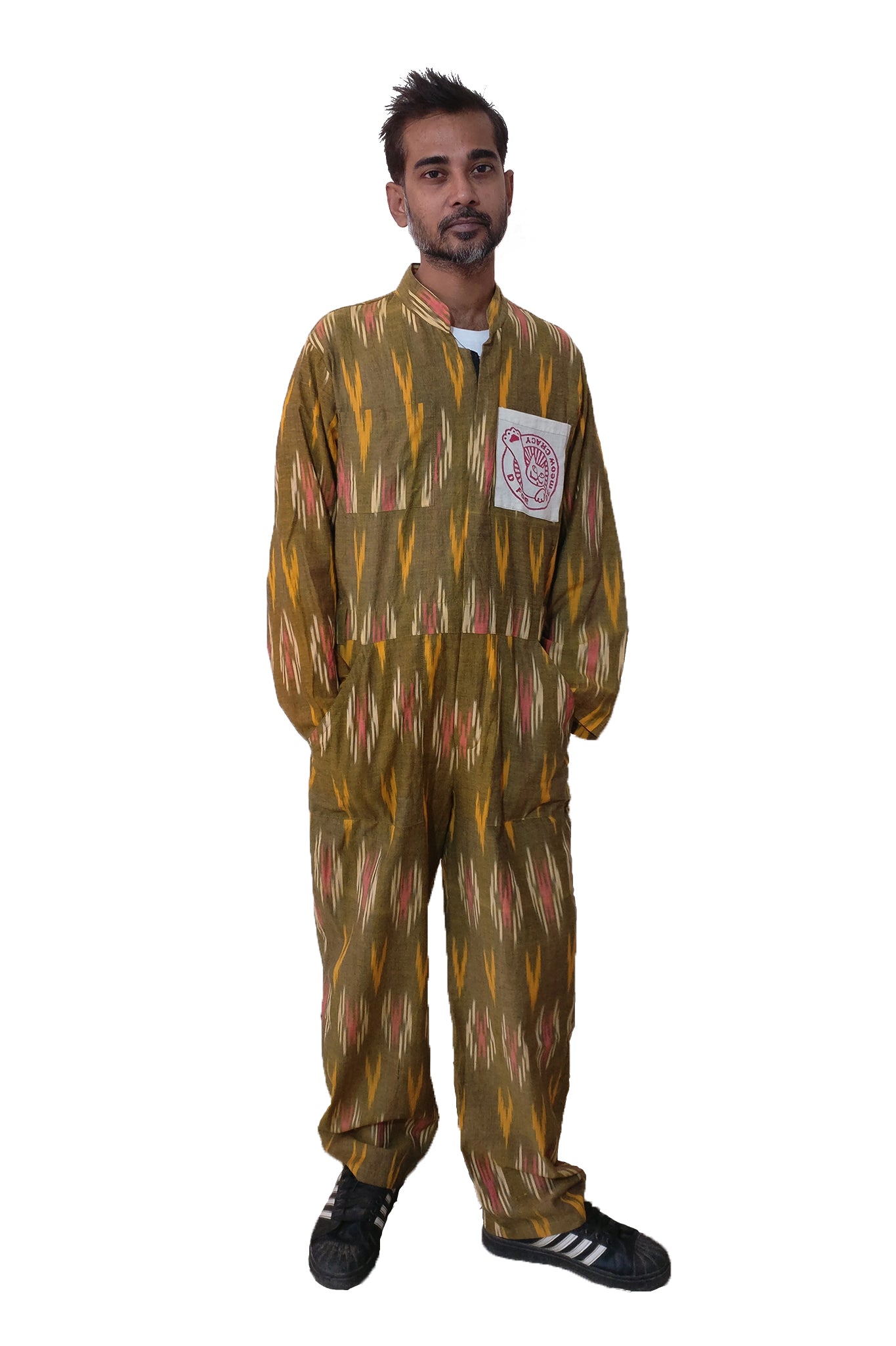 Classic boiler suit (coverall) for daily wear with an Indian traditional fabric, yellow handloom cotton Ikat, for all the bodies (unisex) and body types! The oversized silhouette gives cool vibes. If you love jumpsuits, definitely try this! Shop online. - Man model